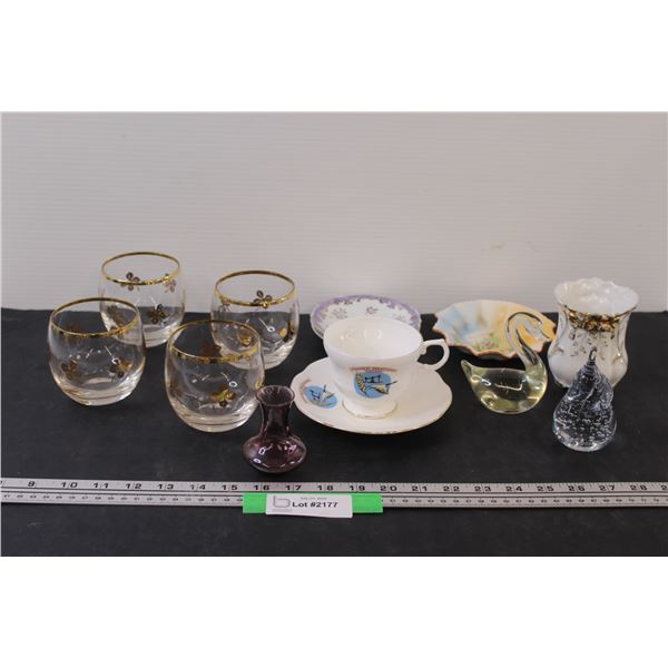 Swan & Pear Glass Figurines, (4) Clover Glasses, Kindersley Tea Cup Set, Misc.