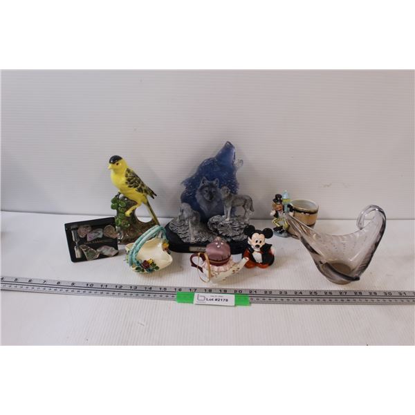 Smoky Art Glass, Gold Finch Figurine, Wolf Decor, Mickey Mouse Figurine, Misc.