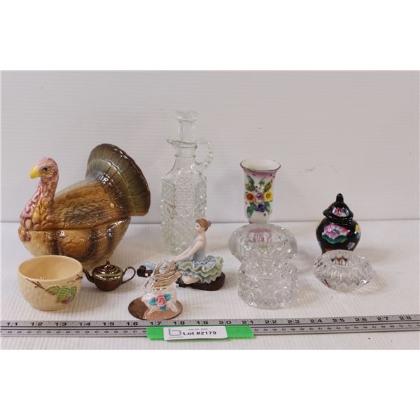 Glass Decanter, (3) Glass Bowls, Ballet Figurine, Turkey Jar, Glass Swan, Misc.