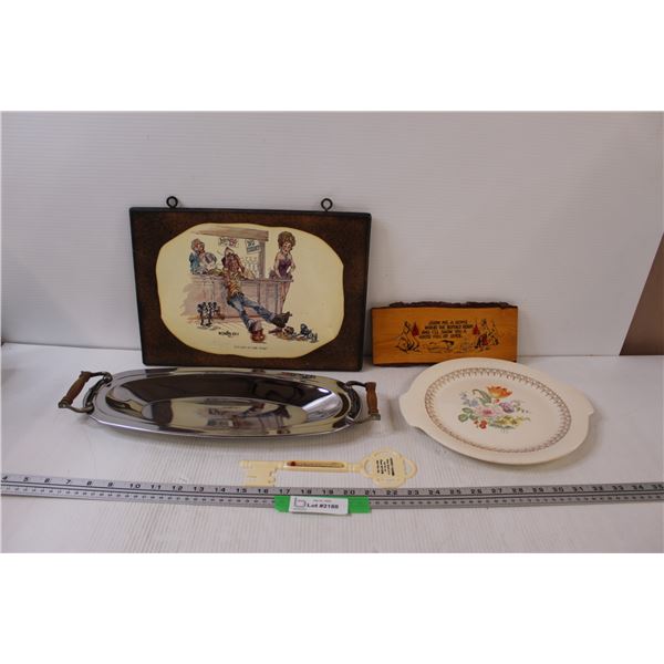 (2) Wooden Pictures, Silver Plated Serving Tray, Plate, Misc.