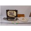 Image 1 : (2) Wooden Pictures, Silver Plated Serving Tray, Plate, Misc.