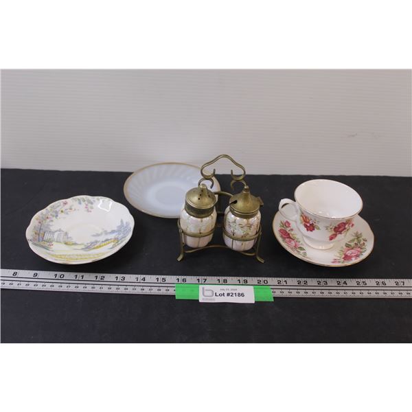 Queen Anne Tea Cup Set, Iridescent Salt & Pepper Shaker Set, (2) Tea Saucers