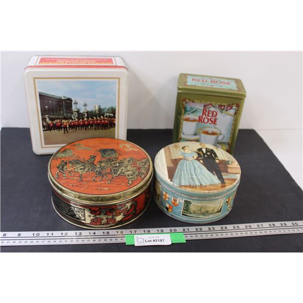 (4) Vintage Tins: Queen Elizabeth. Red Rose, Marching, Misc.