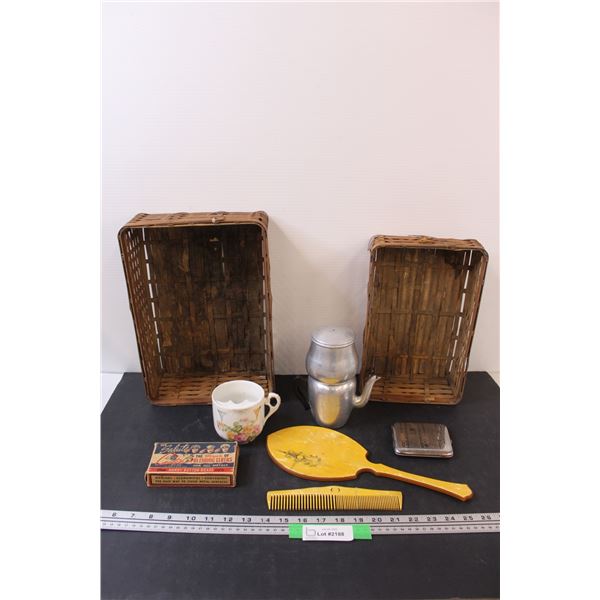 Lot: Shaving Cup, Tea Percolator, Vintage Mirror & Comb Set (Comb has Crack) (2) Baskets, Misc.