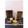 Image 1 : Lot: Shaving Cup, Tea Percolator, Vintage Mirror & Comb Set (Comb has Crack) (2) Baskets, Misc.