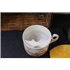 Image 2 : Lot: Shaving Cup, Tea Percolator, Vintage Mirror & Comb Set (Comb has Crack) (2) Baskets, Misc.