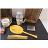 Image 3 : Lot: Shaving Cup, Tea Percolator, Vintage Mirror & Comb Set (Comb has Crack) (2) Baskets, Misc.