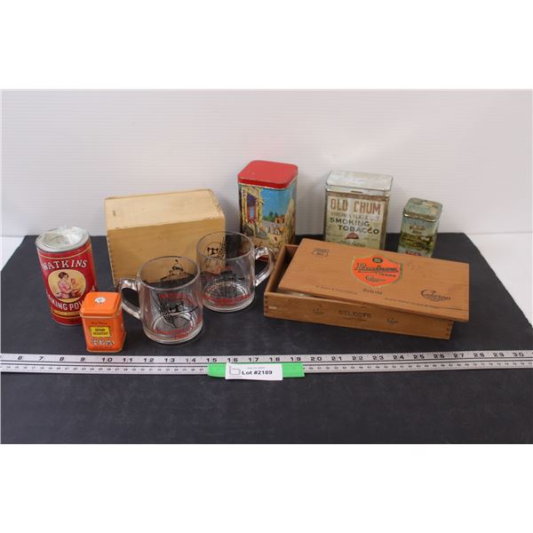 Crayon Wood Box, Cigar Wood Box, Watkins Baking Powder Tin, Tobacco Tin, Misc.