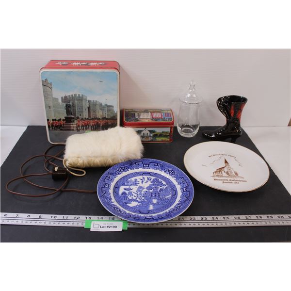 Willow Pattern Plate, Fur Hand Warmer Cuff, (2) Tins, Misc.