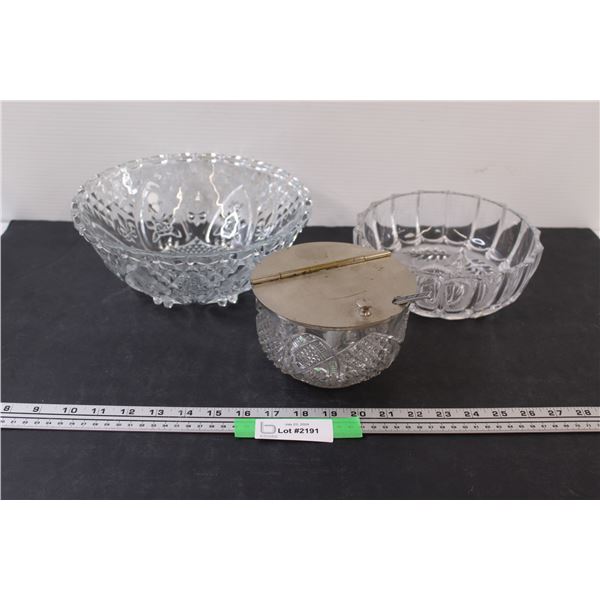 (1) Patterned Sugar Bowl w/Spoon (2) Clear Glass Patterned Serving Bowls