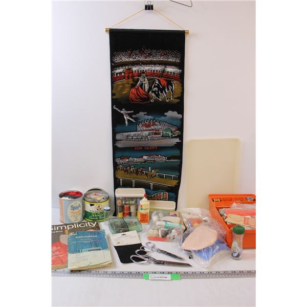 Various Sewing Supplies & Mexico Banner