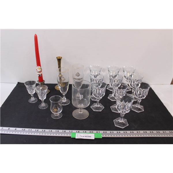 (10) Liqueur Glasses, (3) Shot Glasses (2) Candle Holders