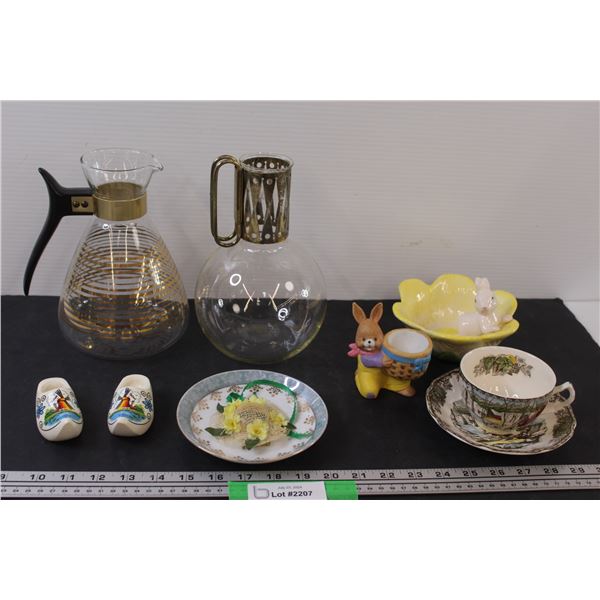 (2) MCM Coffee Urns, Dutch Wooden Shoes, Village Tea Cup Set, Bunny Decor, Misc.