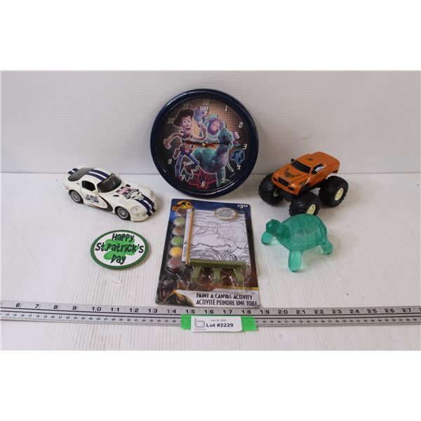 Kids Lot: Toy Story Clock, Jurassic Park Paint Set, (2) Toy Vehicles, Turtle Back Massager