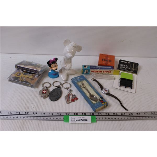 (2) Minnie Mouse Figurines, (2) Prince Cassette Tapes, Donald Duck Spoon, Micky Mouse Watch, Misc.