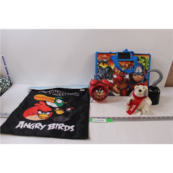 Angry Birds Alarm Clock & Bag, Coca Cola Bear, Avengers Case, Captain Hook Hook