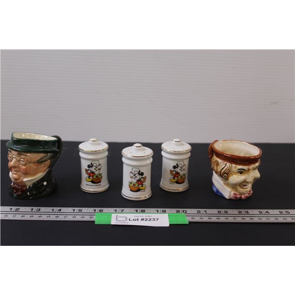 (3) Mickey Mouse Salt & Pepper Shakers, (2) Gentleman's Mugs