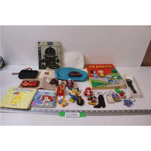 Lot: Watch, Peanuts Coloring Book, (2) Bathtime Books, Key Chains, Coin Purses, Misc.