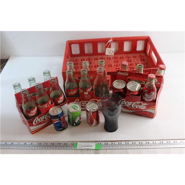Coca Cola Bottles, Assorted Soda Cans  and Plastic Coca Cola Tray