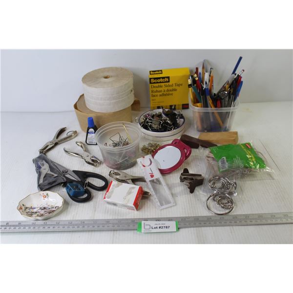 Lot of Office Supplies (paper tape - pens - clips - Hole Punches - Elastics - Misc. Items)