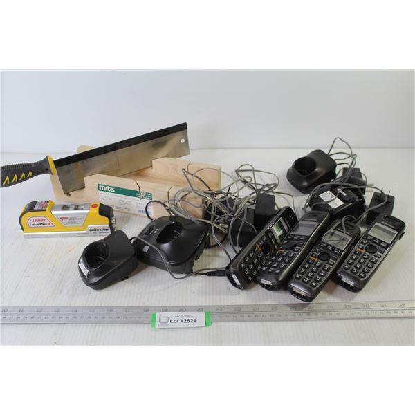 (4) Panasonic Phones w/Stands - Miter Box w/Saw - Level Pro Laser Level