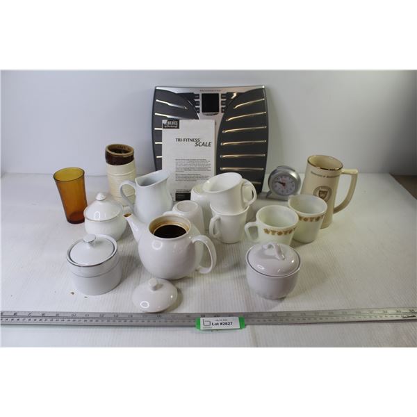 Home Medics Body Fat Analyzer (powers on) - Assorted Dish Ware (Corning Ware - Pyrex) - Clock