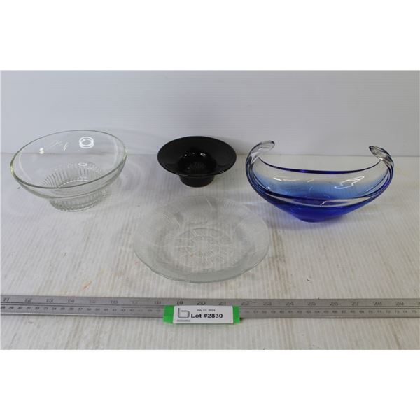 Blue Glass Art Dish - Ceramic Flower Frog - Glass Bowl & Plate