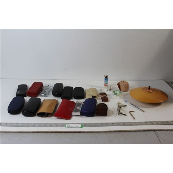 (13) Glasses Cases, (15) Glasses, Wooden Container, Misc.