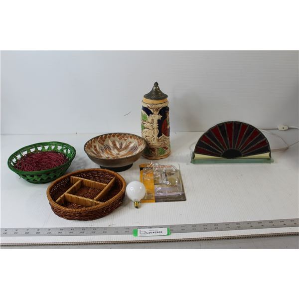 (2) Wicker Baskets, Ceramic Bowl, Sylvania 40W Bulb, Musical Pitcher, Light up Glass Display - Does 