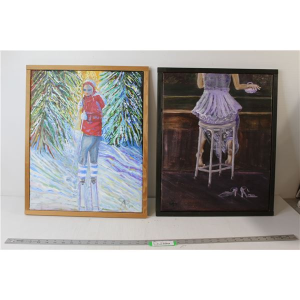 Skier Art and Fancy Woman Art - Both by Carol A. Pepper - Both Measure by 17 1/2" x 21 1/2"