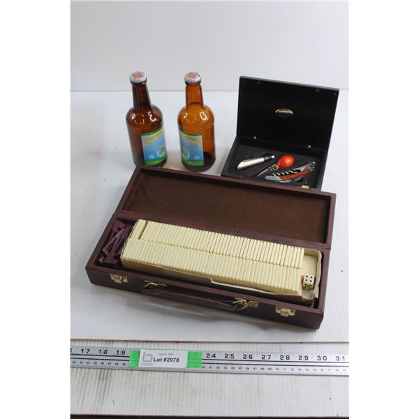 (2) Glass Bottles, Vintage Hoyle Tile Rummy Game and Wine Bottle Kit