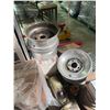 Image 2 : Pallet lot of Misc Including - Tire Rims, Vent Furnace, Pair of Shoes, Rotair Compressor Part, Cable