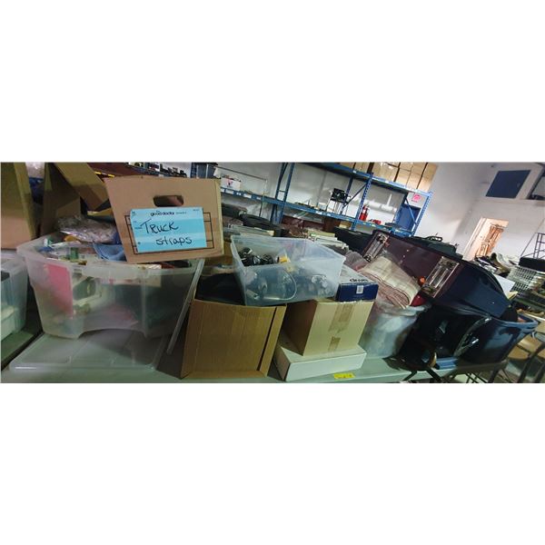 Table Top of Misc Including - Suitcases, Heating Pad, Flyers, Toilet Safety Rail, Misc Electronics,