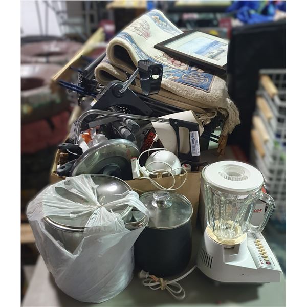 Table Top of Misc Including - Misc Kitchenware, Foot Pedal Bike, Carpet, Blender, Fire Extinguisher,