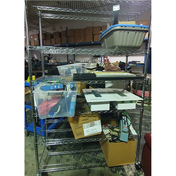 Shelf Lot of Misc Including - Records, Signage, Fire Extinguisher Display Cabinet,  Ziploc Bags, Mas