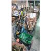 Image 1 : Group of Misc Tools Including - Rakes, Snow Shovels, Scotts Speedy Green, Shovels, Weedwacker, Etc..