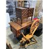 Image 1 : 3 Pc - Vintage Sewing Machine Desk (18x37x28"), Wooden Storage Box (10x20x23"), Wooden Winder