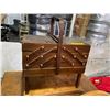 Image 2 : 3 Pc - Vintage Sewing Machine Desk (18x37x28"), Wooden Storage Box (10x20x23"), Wooden Winder
