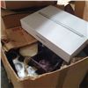 Image 2 : Pallet lot - full of misc. Items include wooden stool/mosaic tiles (6 boxes)/clothes/etc.