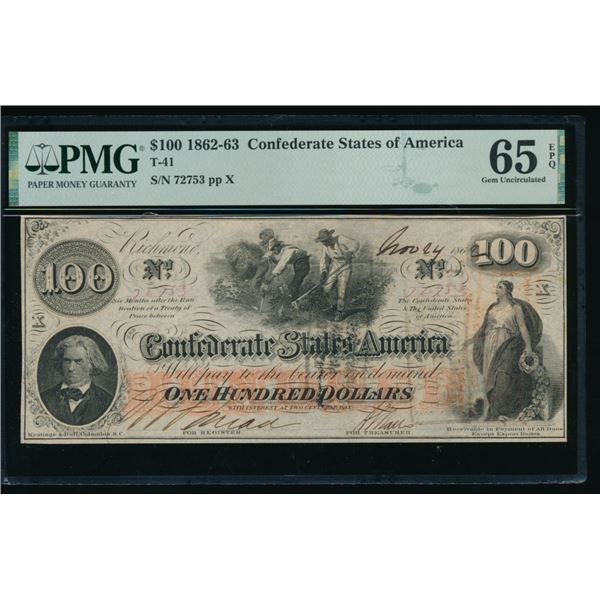 1862 $100 T-41 Confederate PMG 65EPQ