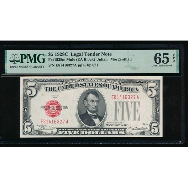 1928C $5 Mule Legal Tender Note PMG 65EPQ