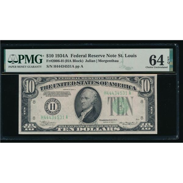 1934A $10 St Louis FRN PMG 64EPQ