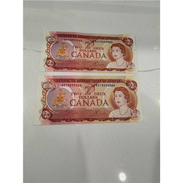2x 1974 Canada $2 bills sequential