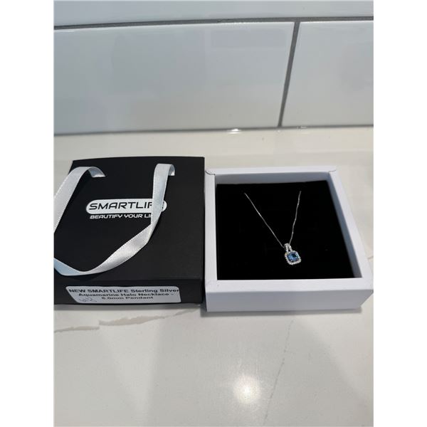 New smart life, Sterling silver aquamarine halo necklace 6MM pendant
