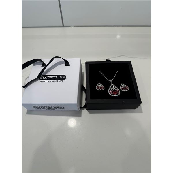 New smart life, platinum, plated, red, ruby, teardrop, two-piece set necklace, stud earrings