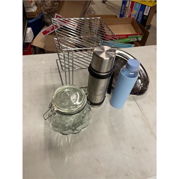 Trey thermos water bottle, litter jar, and kitchen shelf