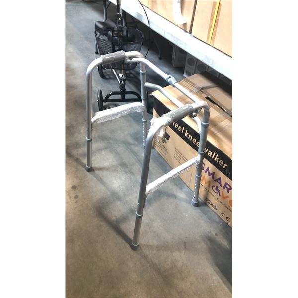 LIGHTWEIGHT ADJUSTABLE ALUMINUM ONE BUTTON FOLDING WALKER, SILVER