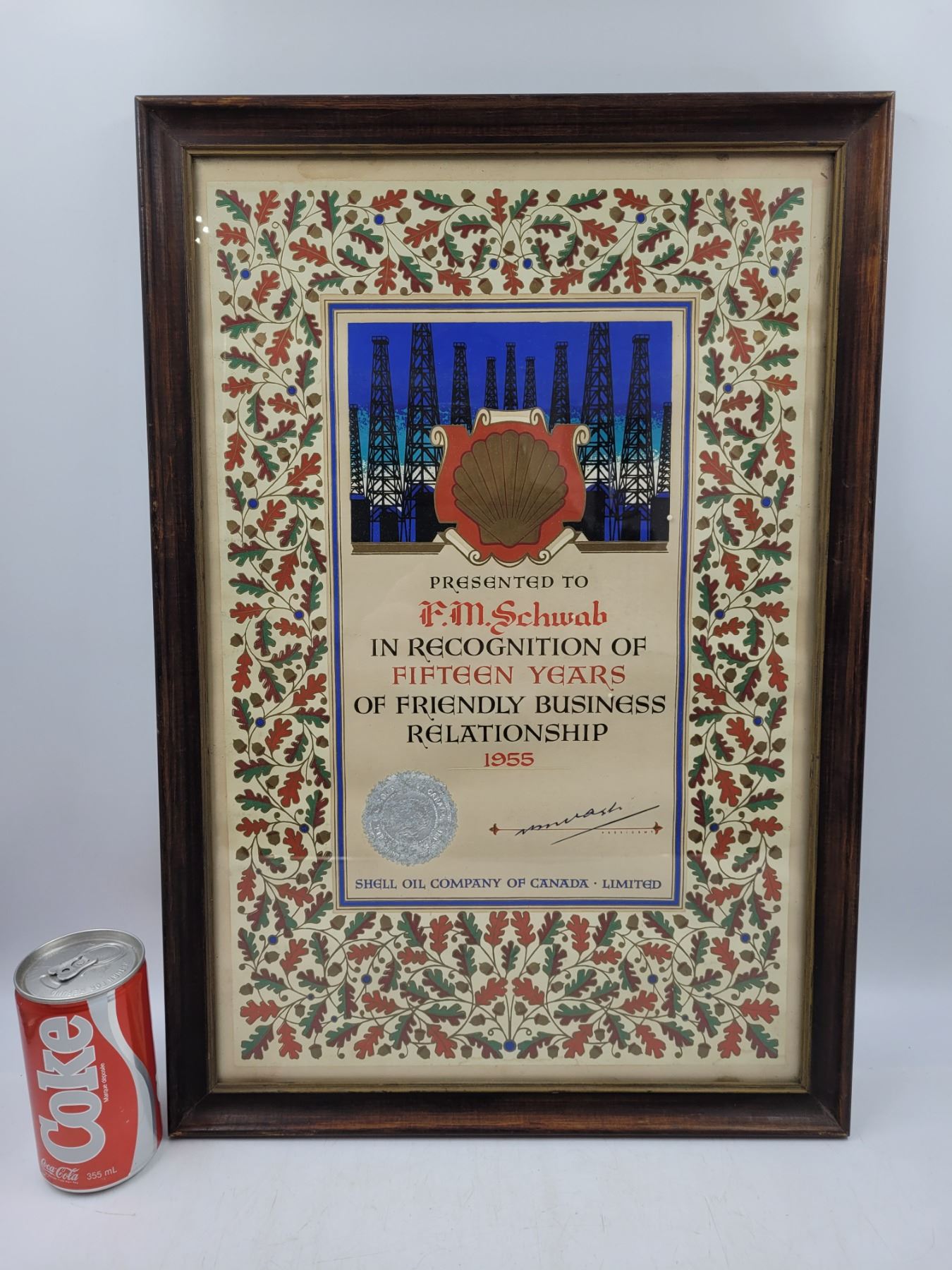 1955 Framed Shell Oil Company Recognition of 15 Years Certificate