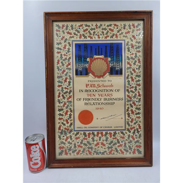 1940 Framed Shell Oil Company Recognition of 10 Years Certificate