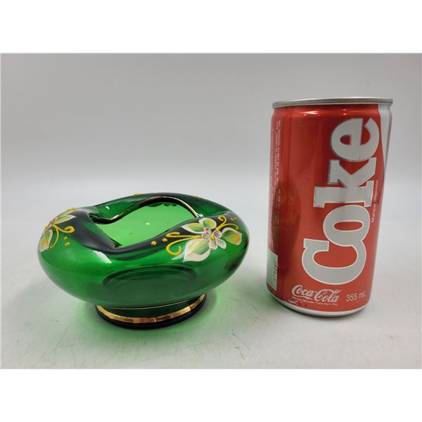 Vintage Hand-Painted Bohemian Czech Green Art Glass Pinched Bowl